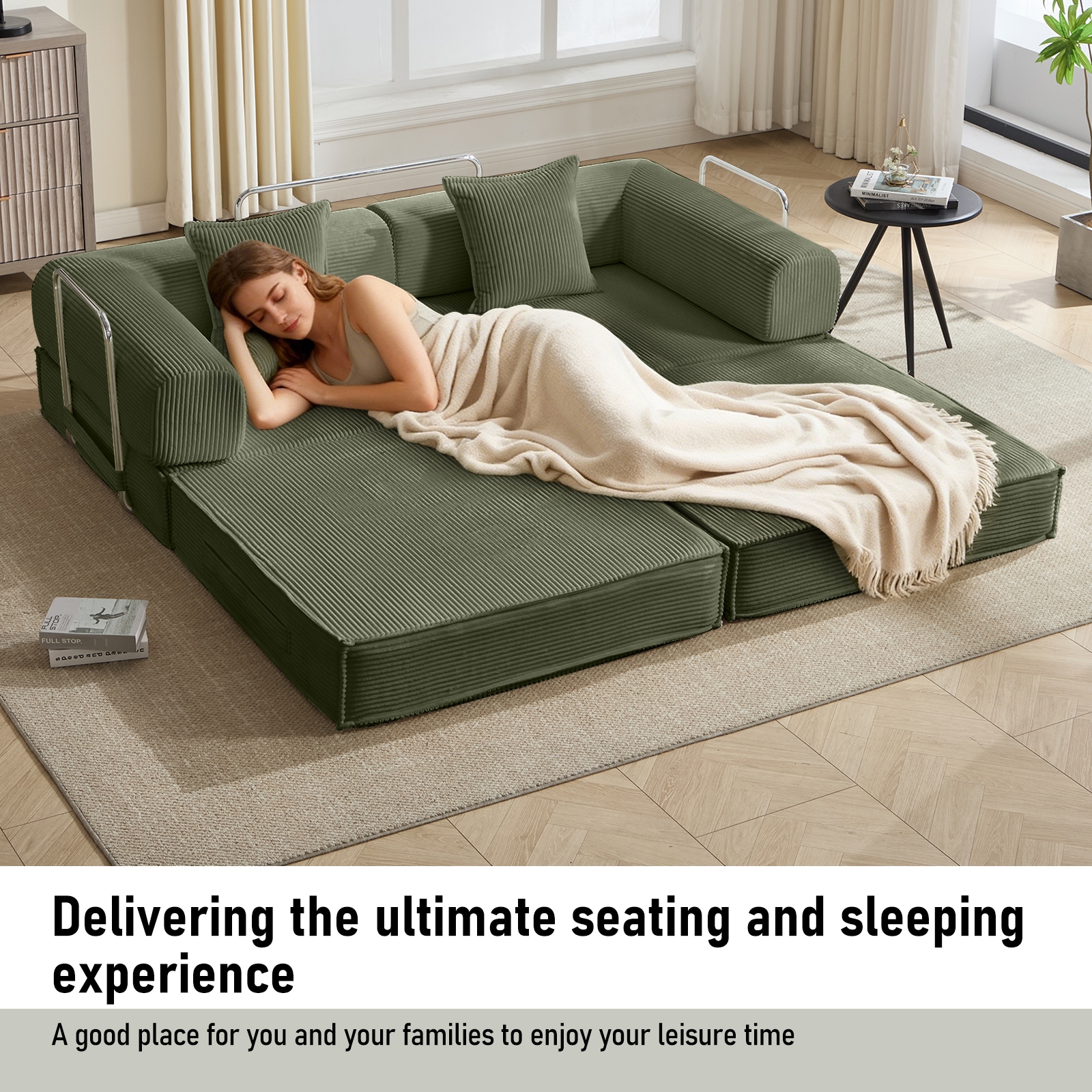 Convertible Sleeper Sofa Bed Modular Corduroy Couch With Pillows_voghion.com